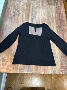 Vintage Barcelona Black Henley Sweater Top with Floral Fabric Neckline